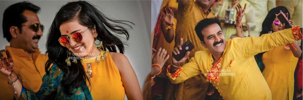 Family members dancing and laughing in yellow outfits at the haldi